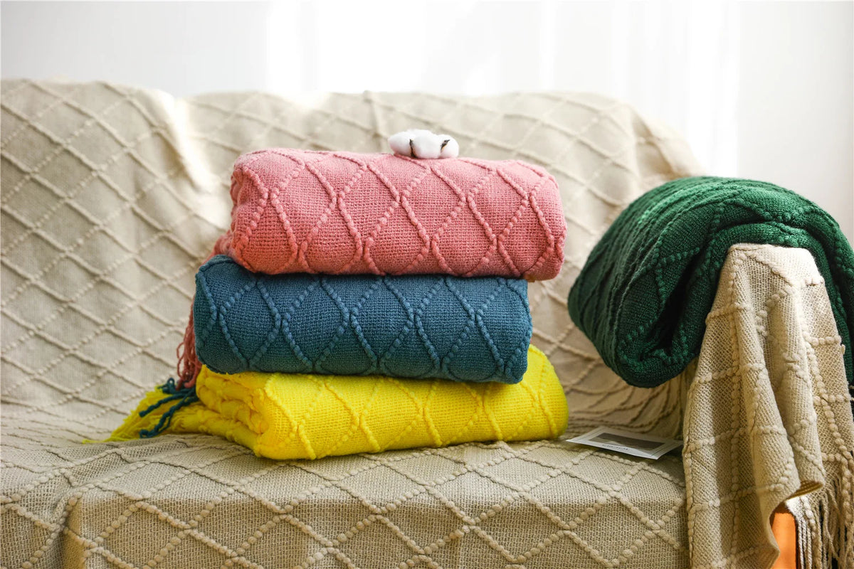 Textured Knit Throw Blanket with Tassels | 13 Colors | 50x71 to 59x91 in