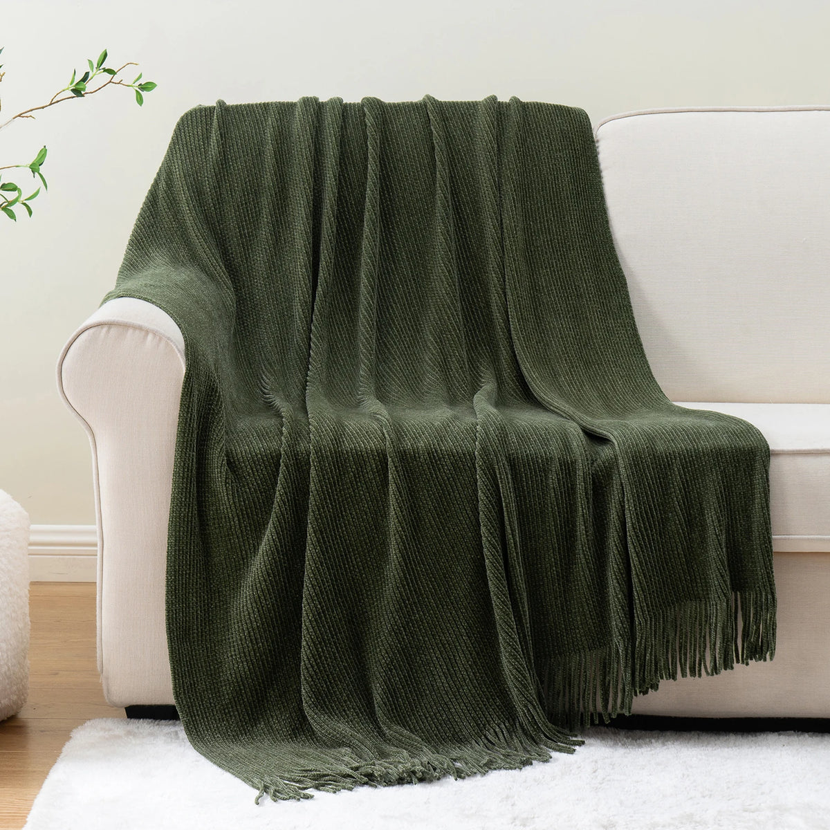 Green Chenille Knit Throw | Tasseled Edges | 50x60 or 60x80 in