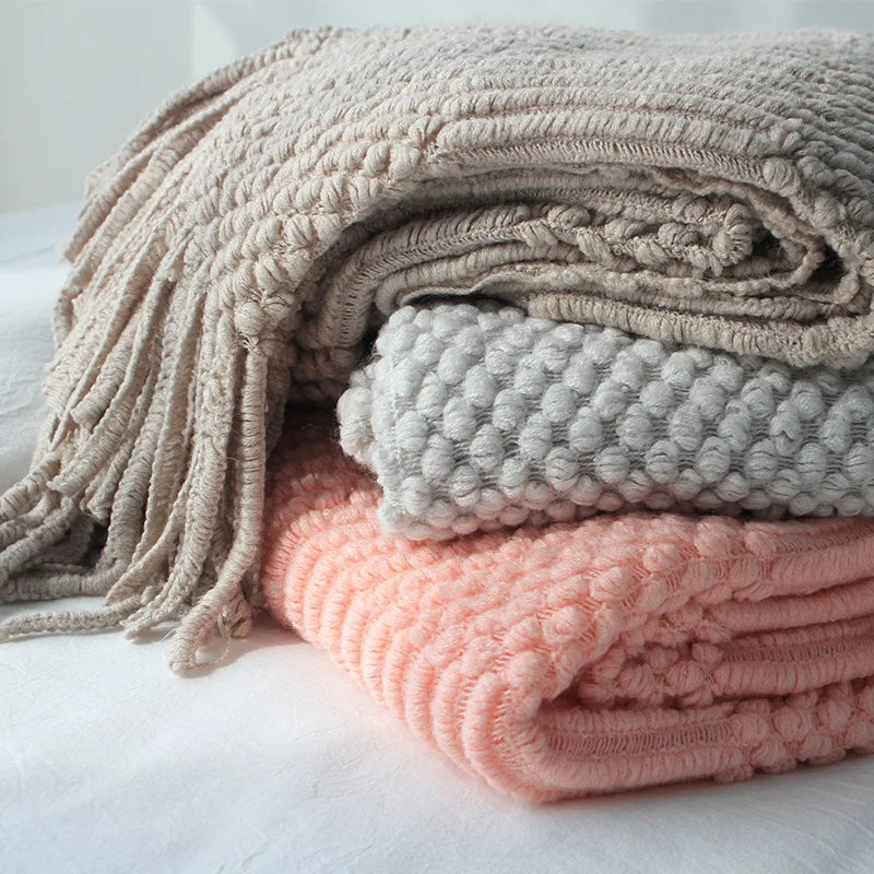 Nordic Knit Throw Blanket with Tassels | Khaki, Cream and Grey