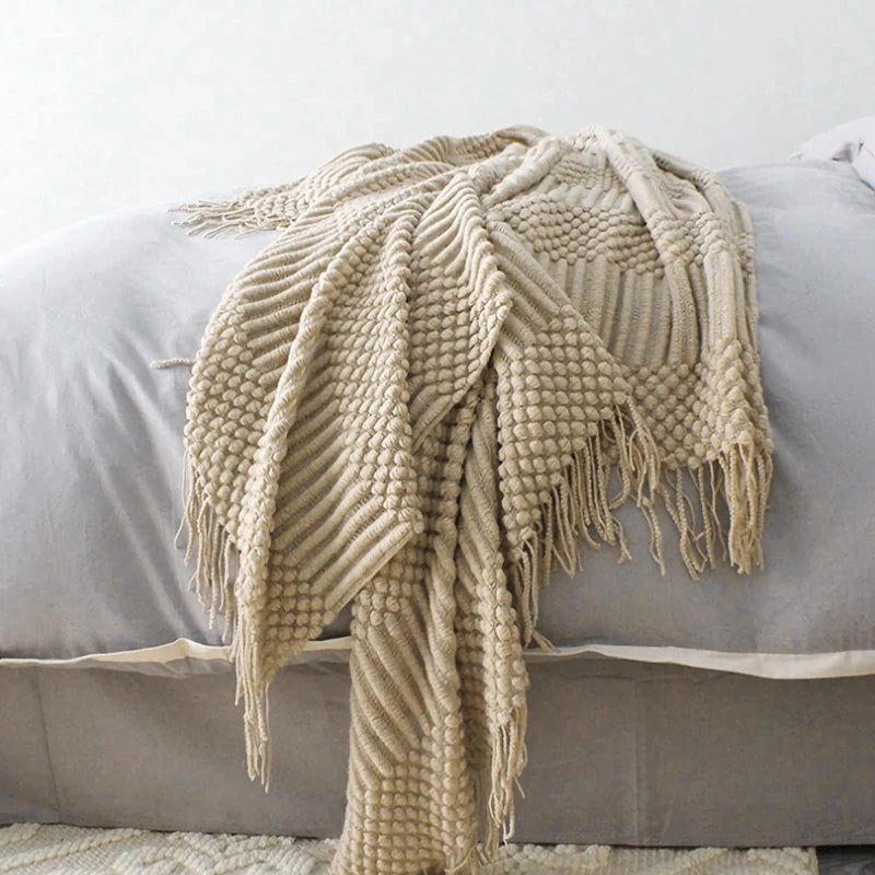 Nordic Knit Throw Blanket with Tassels | Khaki, Cream and Grey