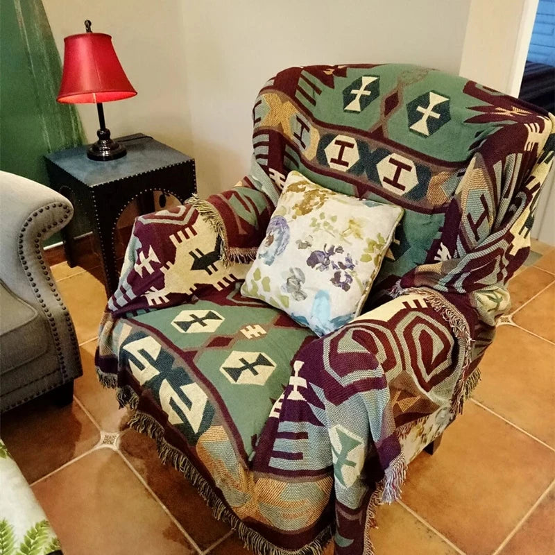 Retro Plaid Woven Throw | Cotton-Linen Blend | 35x35 to 51x71 in