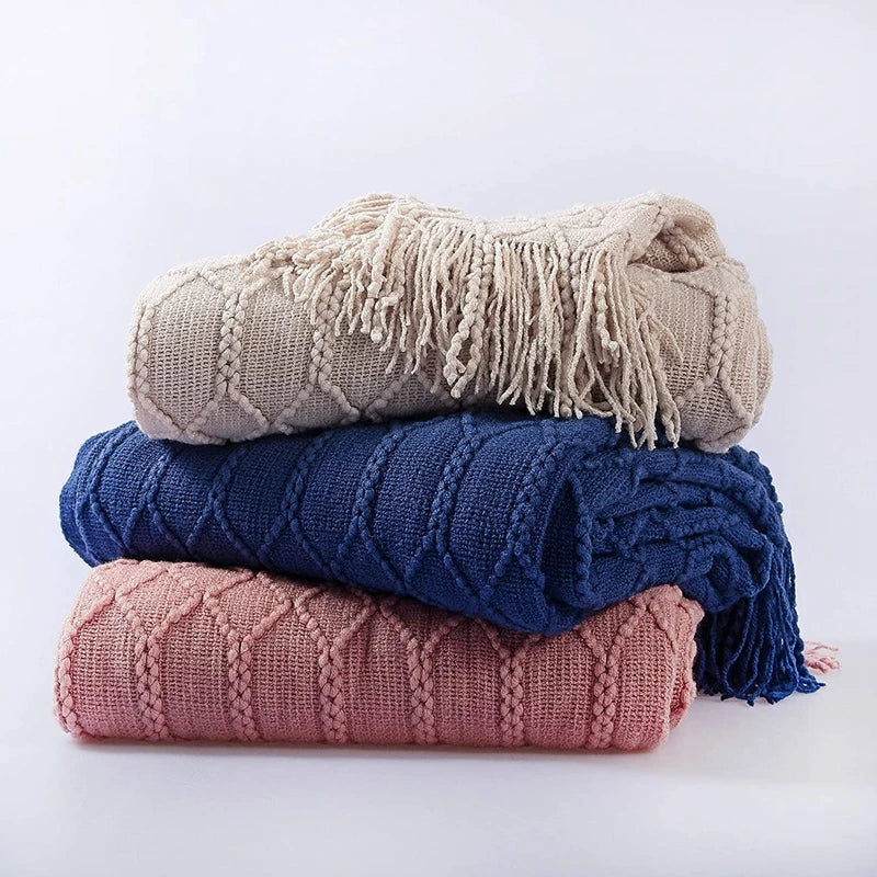 Nordic Knit Throw Blanket with Tassels | Khaki, Cream and Grey