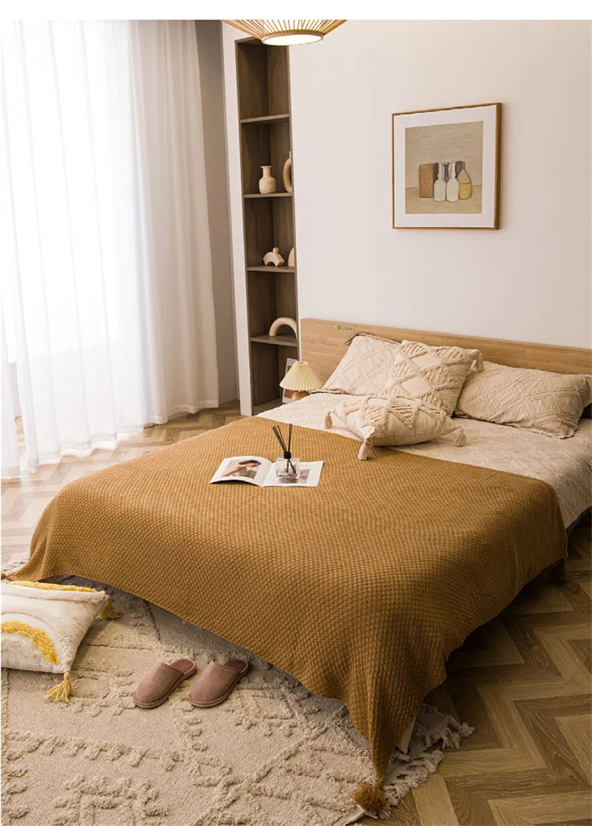 Waffle-Knit Throw Blanket with Tassels | Embossed Chunky Texture