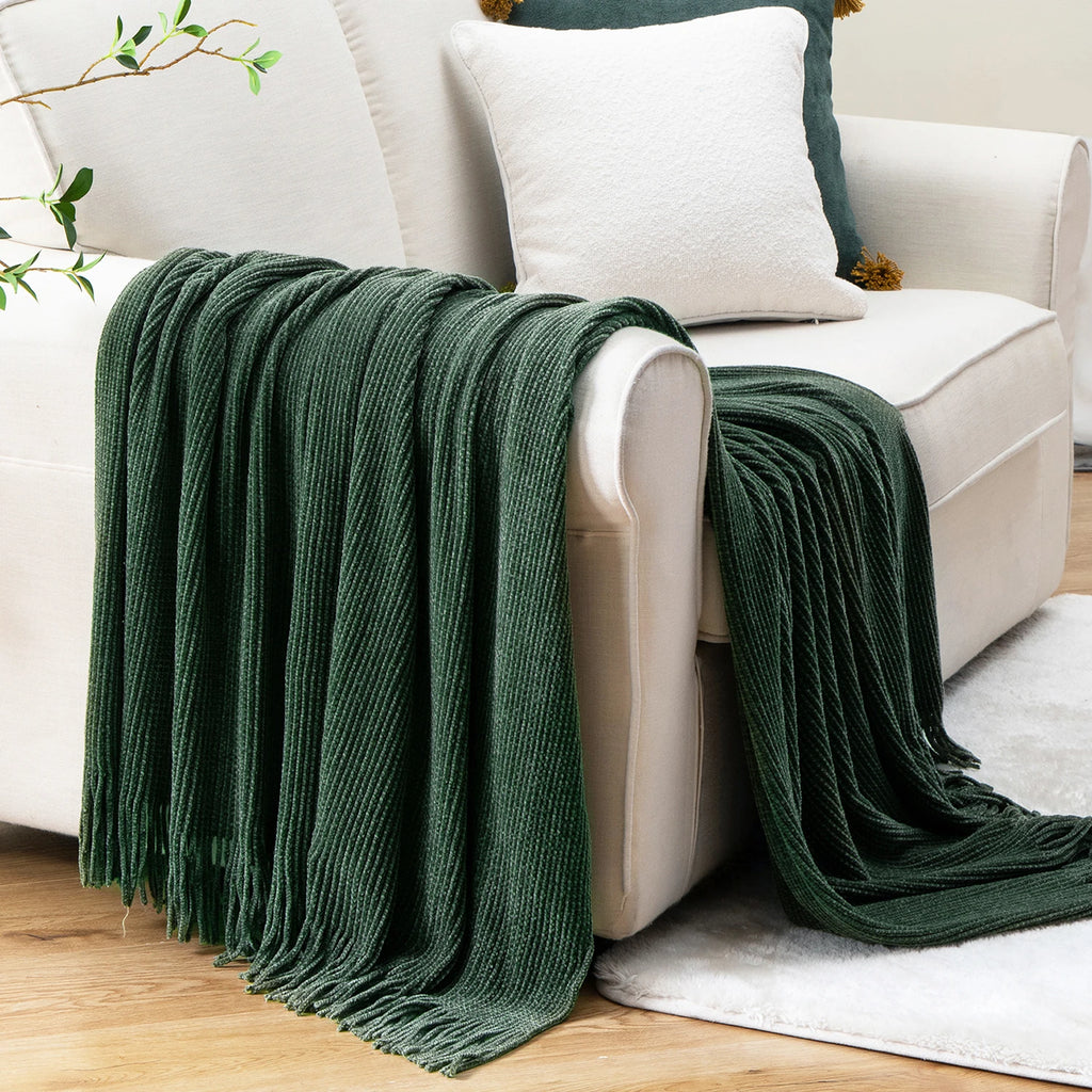 Green Chenille Knit Throw | Tasseled Edges | 50x60 or 60x80 in