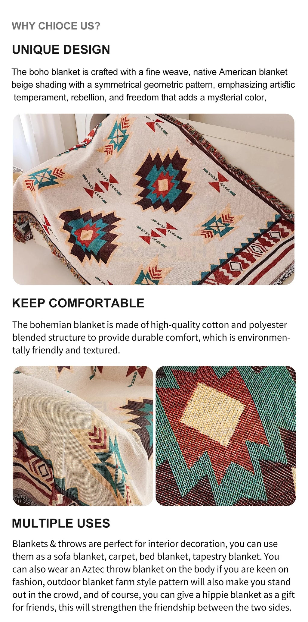 Southwestern Woven Throw Blanket | Fringed Edges | 35x71 in