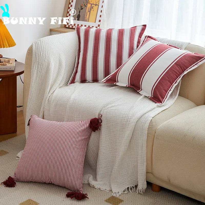 Red and White Checkered Pillow Cover | Velvet with Tassels, Cover Only | 18x18 in