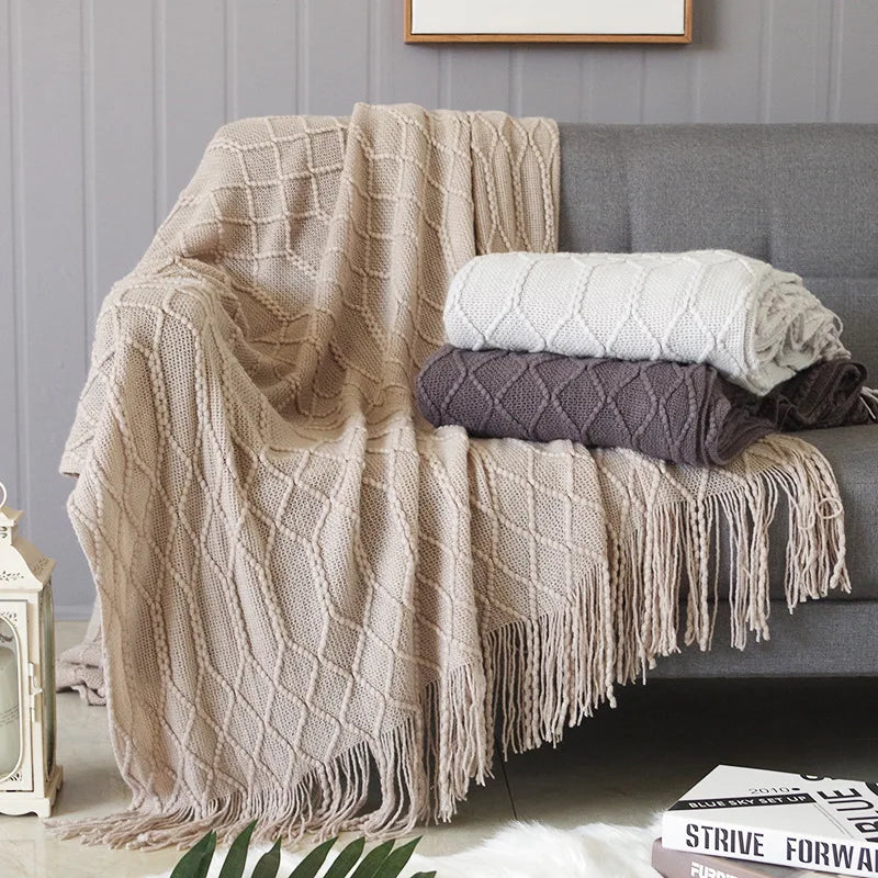 Nordic Knit Throw Blanket with Tassels | Khaki, Cream and Grey