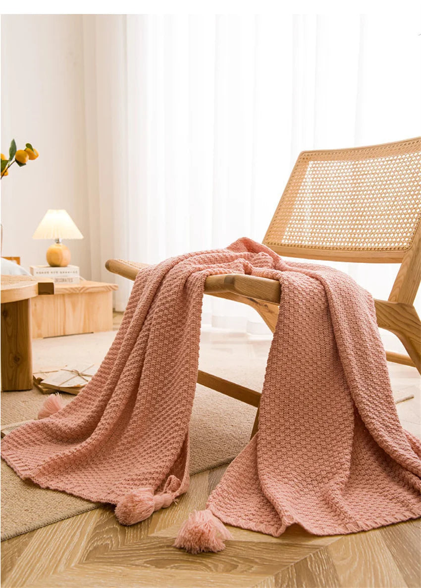 Waffle-Knit Throw Blanket with Tassels | Embossed Chunky Texture