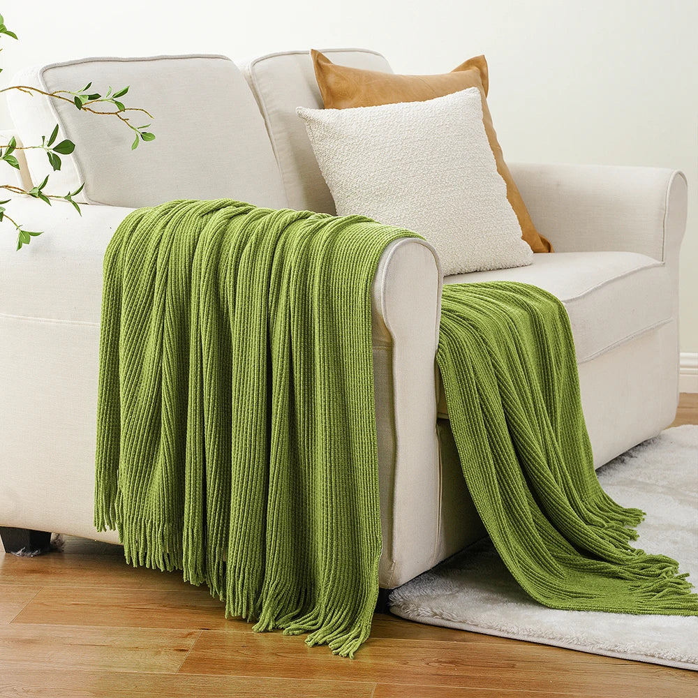 Green Chenille Knit Throw | Tasseled Edges | 50x60 or 60x80 in