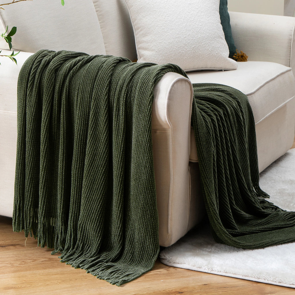 Green Chenille Knit Throw | Tasseled Edges | 50x60 or 60x80 in