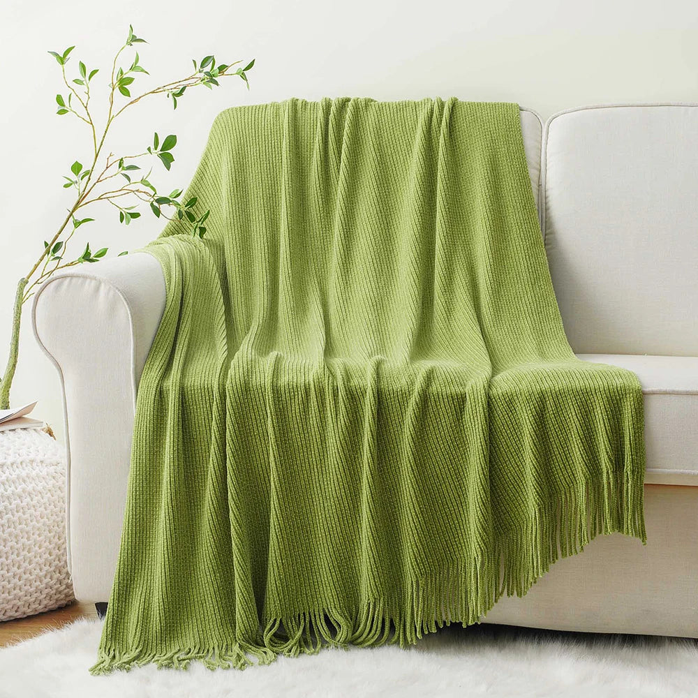 Green Chenille Knit Throw | Tasseled Edges | 50x60 or 60x80 in