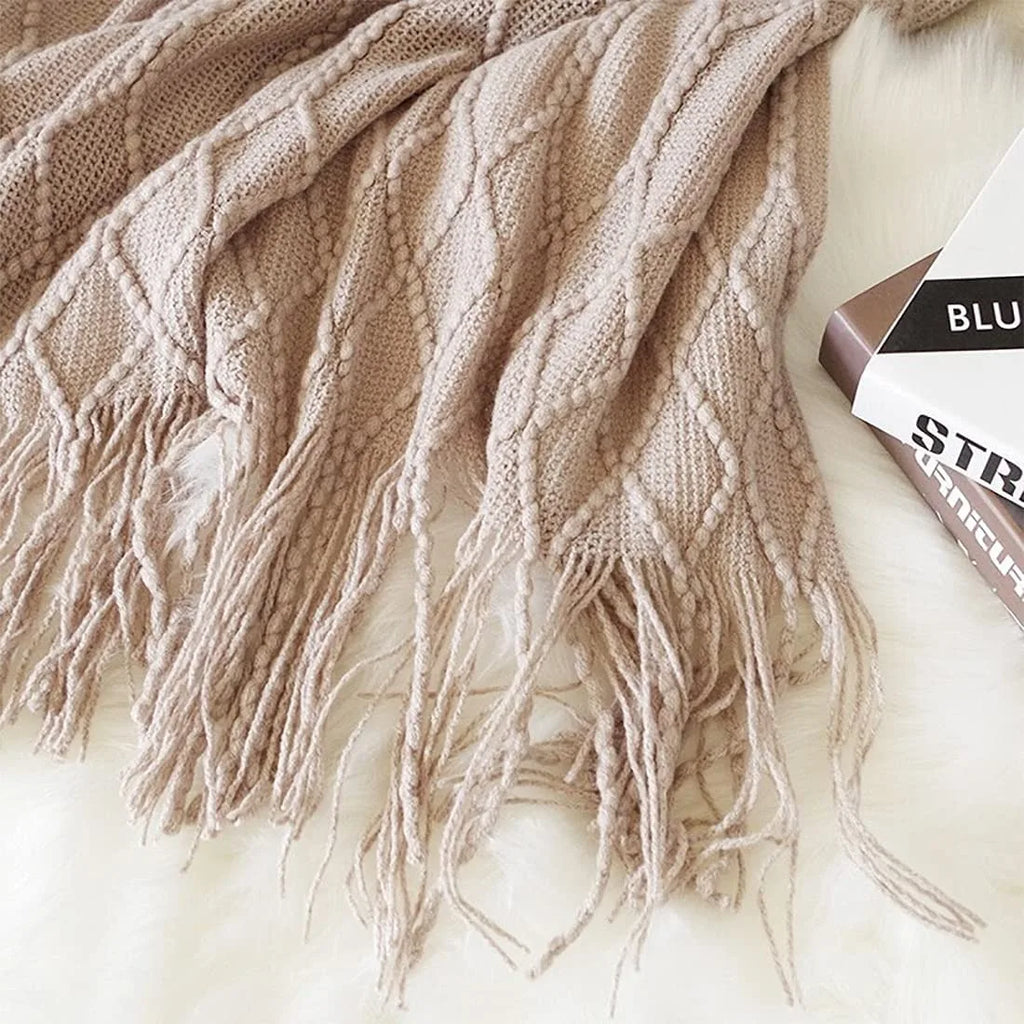 Nordic Knit Throw Blanket with Tassels | Khaki, Cream and Grey