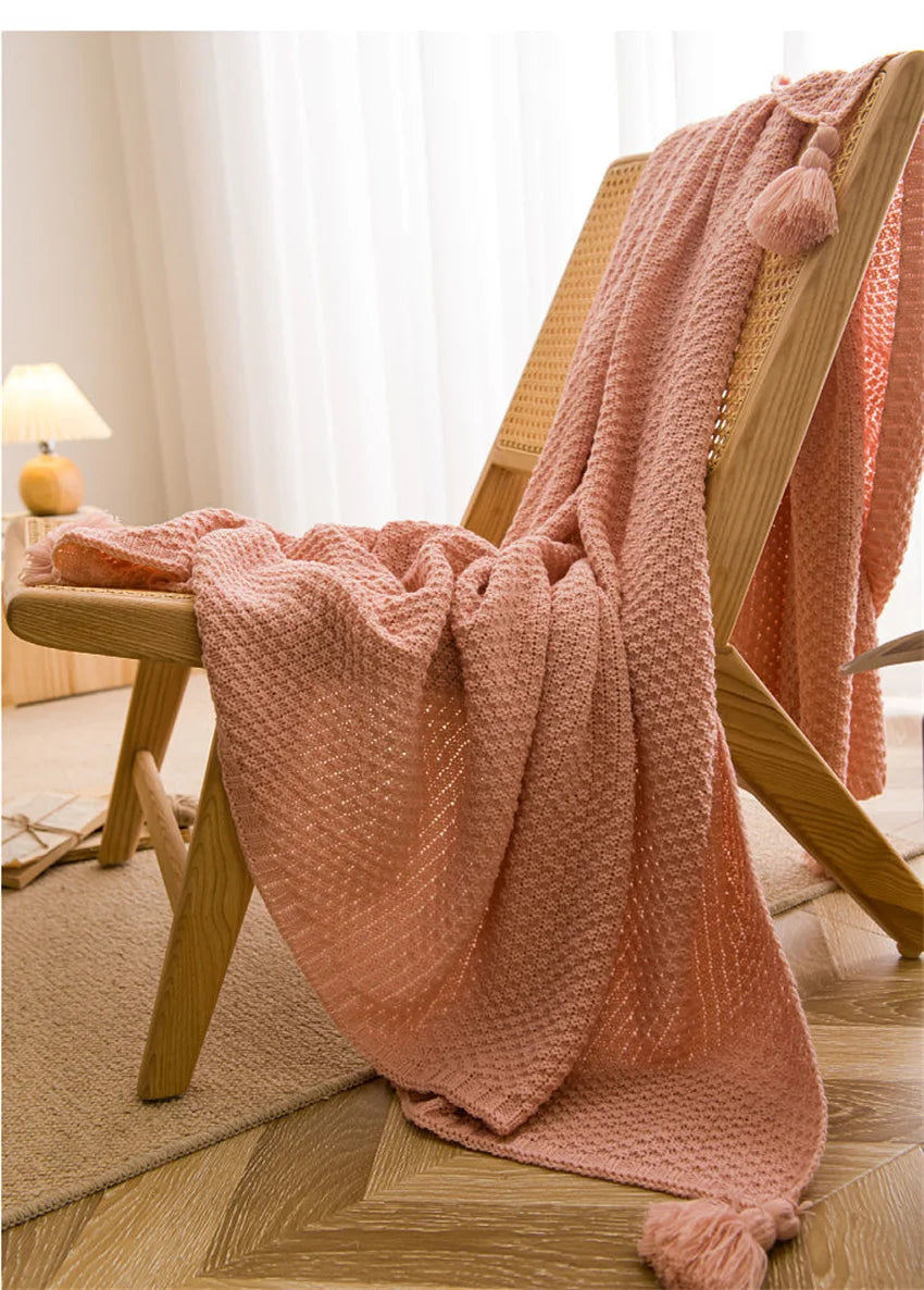Waffle-Knit Throw Blanket with Tassels | Embossed Chunky Texture
