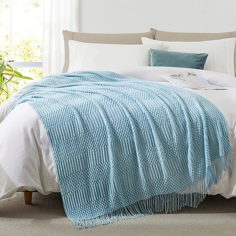 Nordic Knit Throw Blanket with Tassels | Khaki, Cream and Grey