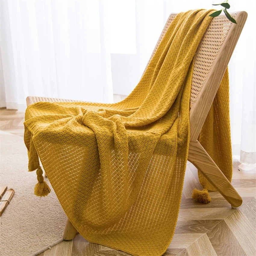 Waffle-Knit Throw Blanket with Tassels | Embossed Chunky Texture