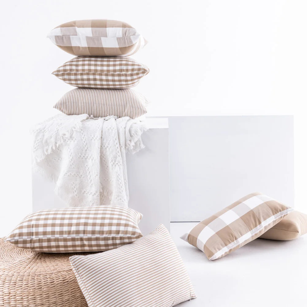 Beige Plaid Striped Pillow Cover | Cover Only | 12x20 or 18x18 in