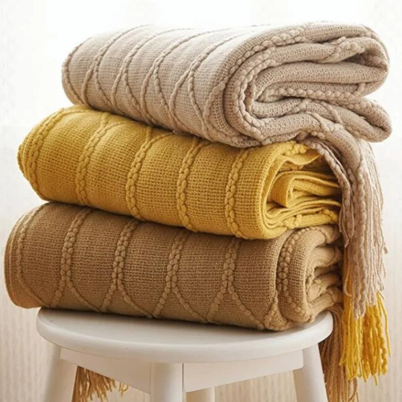 Nordic Knit Throw Blanket with Tassels | Khaki, Cream and Grey