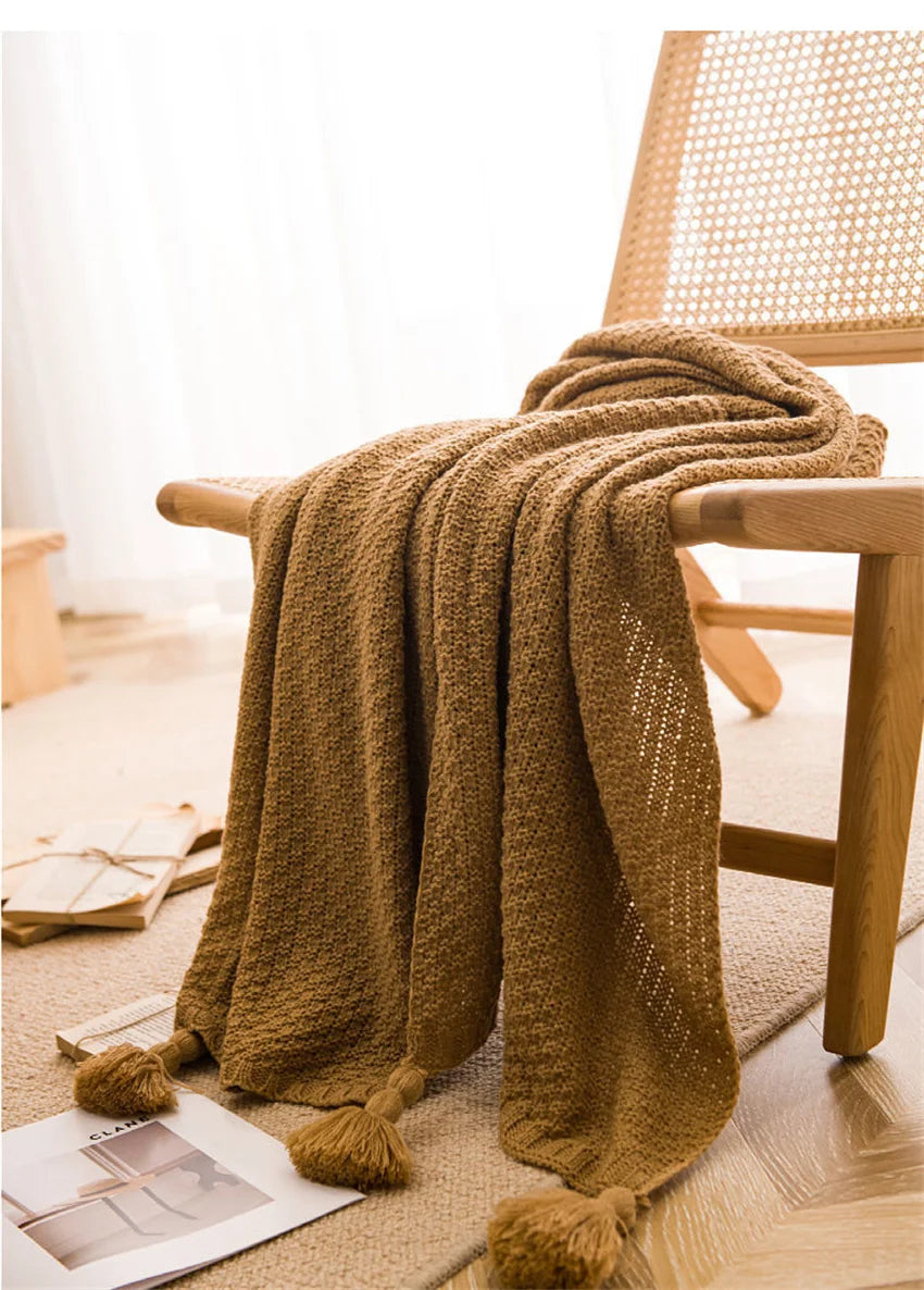 Waffle-Knit Throw Blanket with Tassels | Embossed Chunky Texture