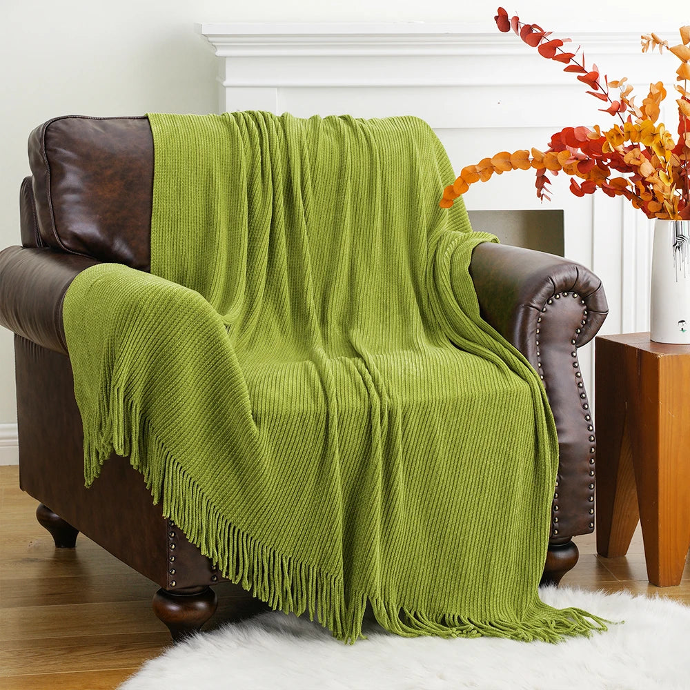 Green Chenille Knit Throw | Tasseled Edges | 50x60 or 60x80 in