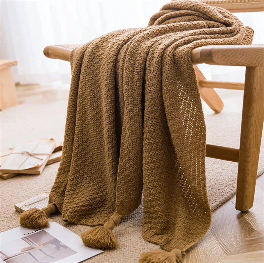 Waffle-Knit Throw Blanket with Tassels | Embossed Chunky Texture