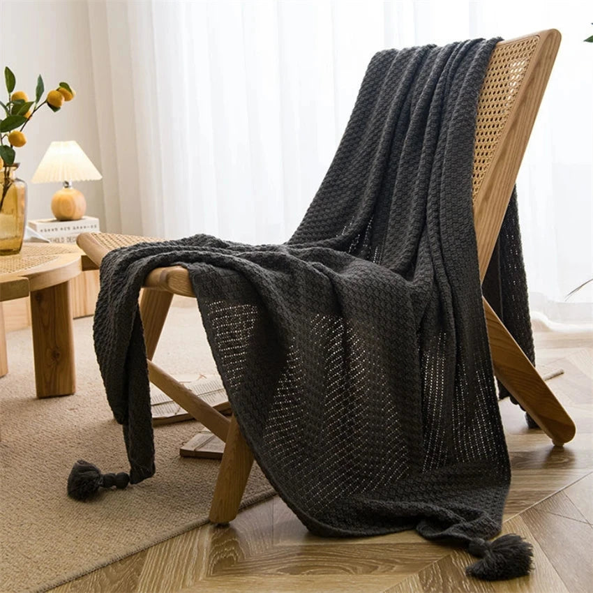 Waffle-Knit Throw Blanket with Tassels | Embossed Chunky Texture