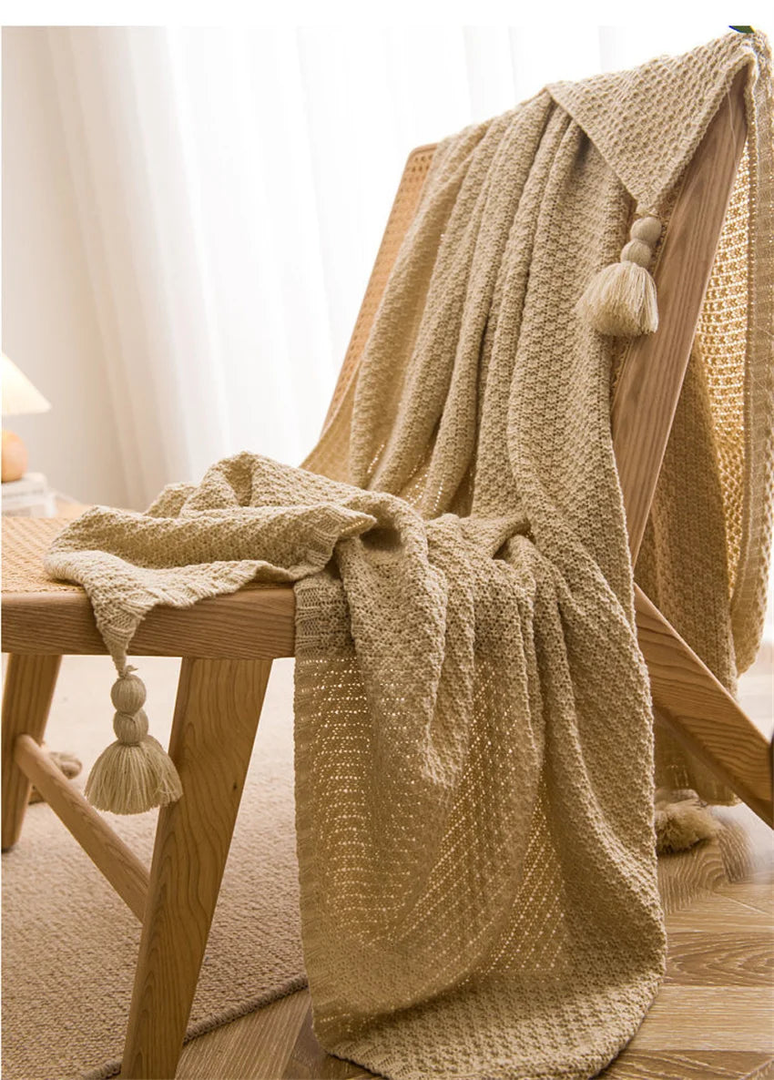 Waffle-Knit Throw Blanket with Tassels | Embossed Chunky Texture