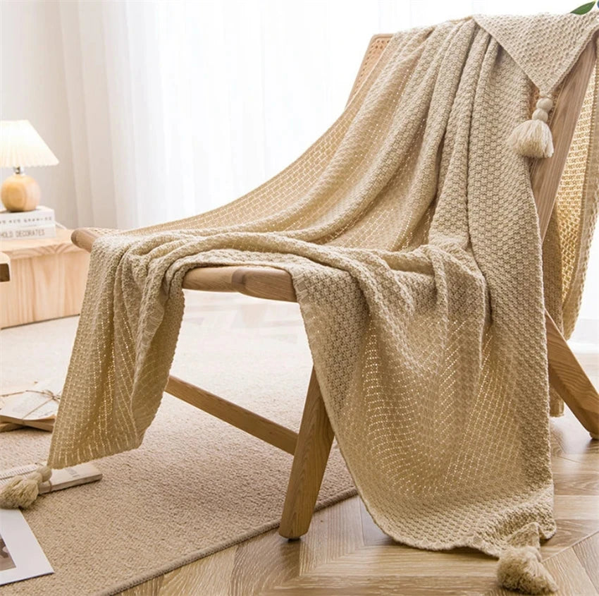 Waffle-Knit Throw Blanket with Tassels | Embossed Chunky Texture