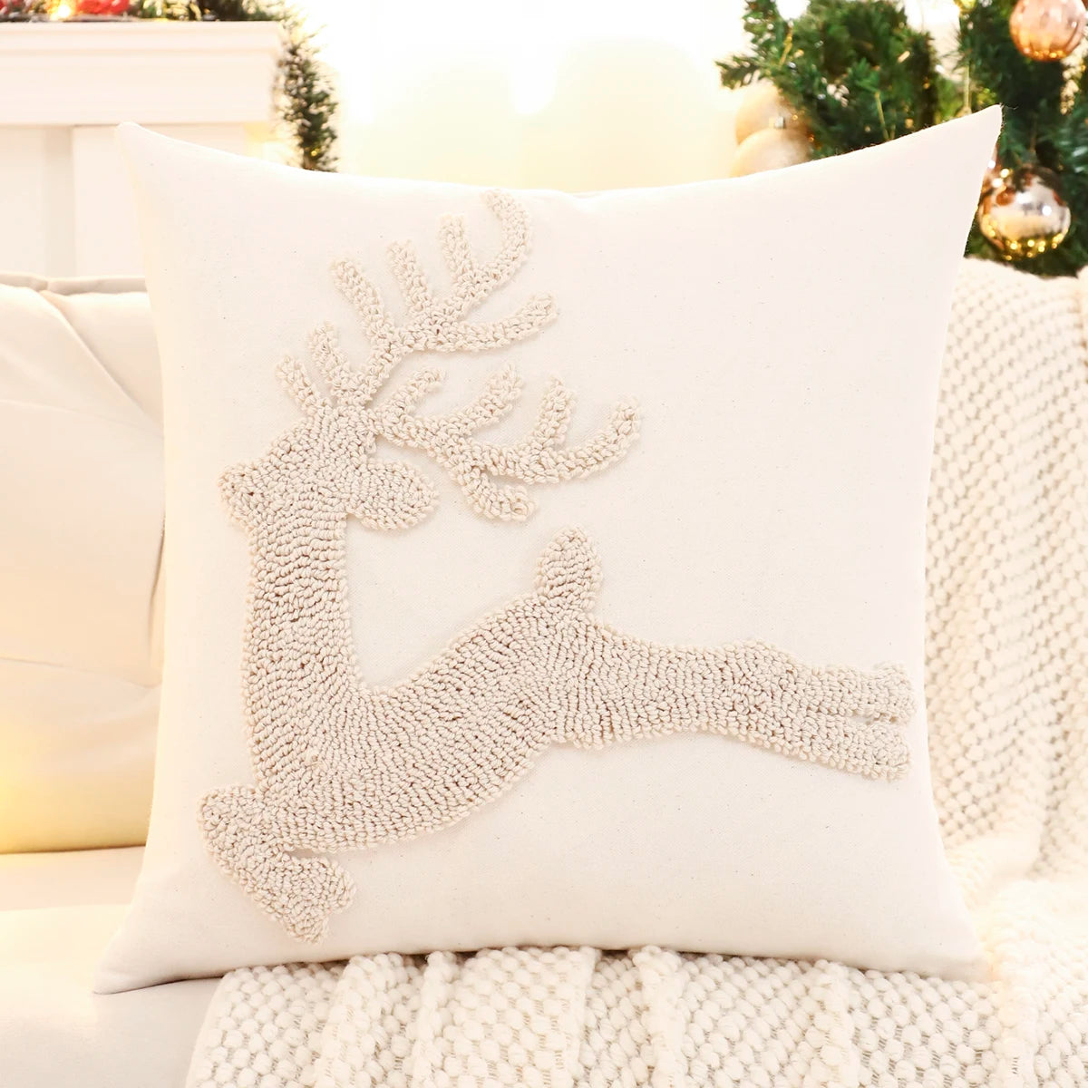 Tufted Snowflake and Reindeer Pillow Cover | Embroidered, Cover Only | 18x18 in
