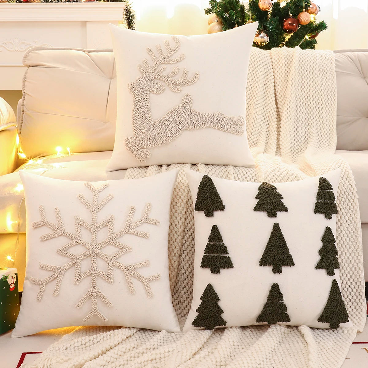 Tufted Snowflake and Reindeer Pillow Cover | Embroidered, Cover Only | 18x18 in