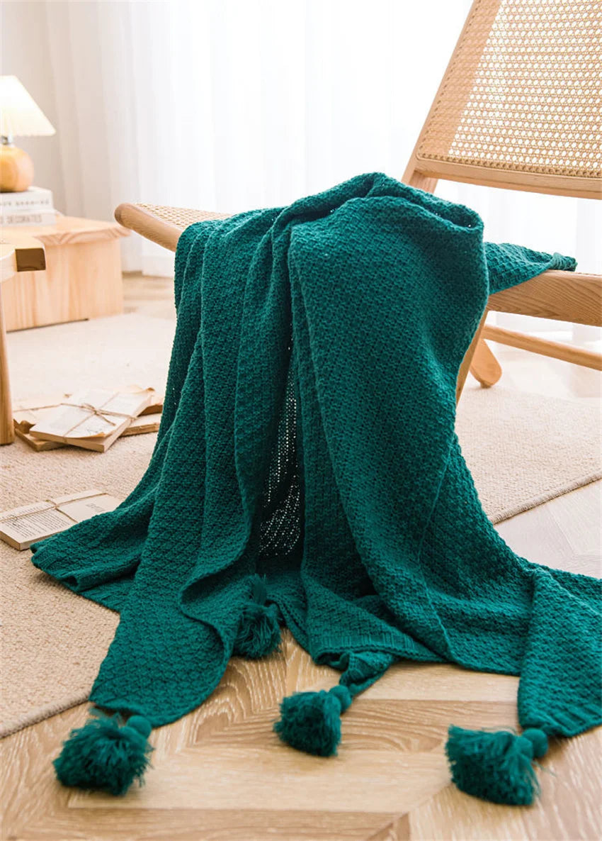 Waffle-Knit Throw Blanket with Tassels | Embossed Chunky Texture