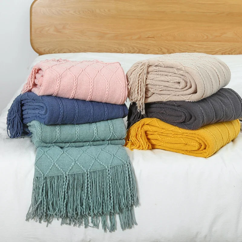 Nordic Knit Throw Blanket with Tassels | Khaki, Cream and Grey