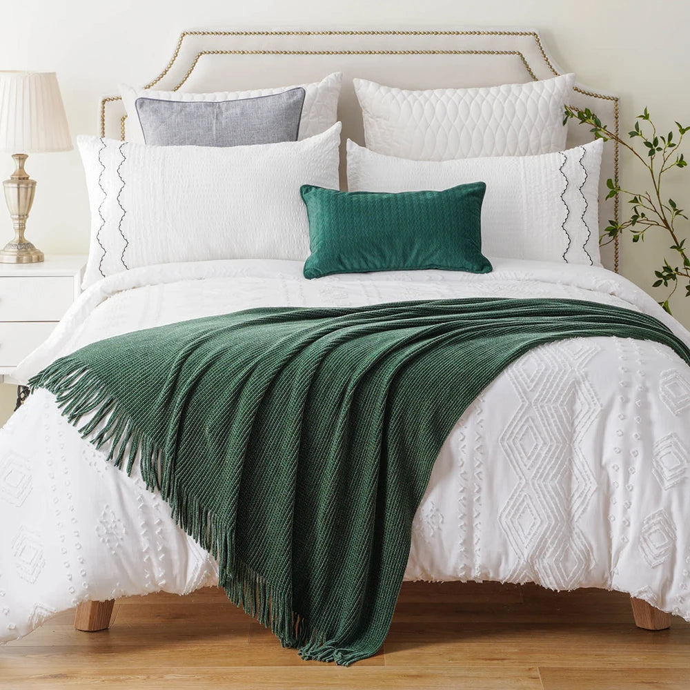 Green Chenille Knit Throw | Tasseled Edges | 50x60 or 60x80 in