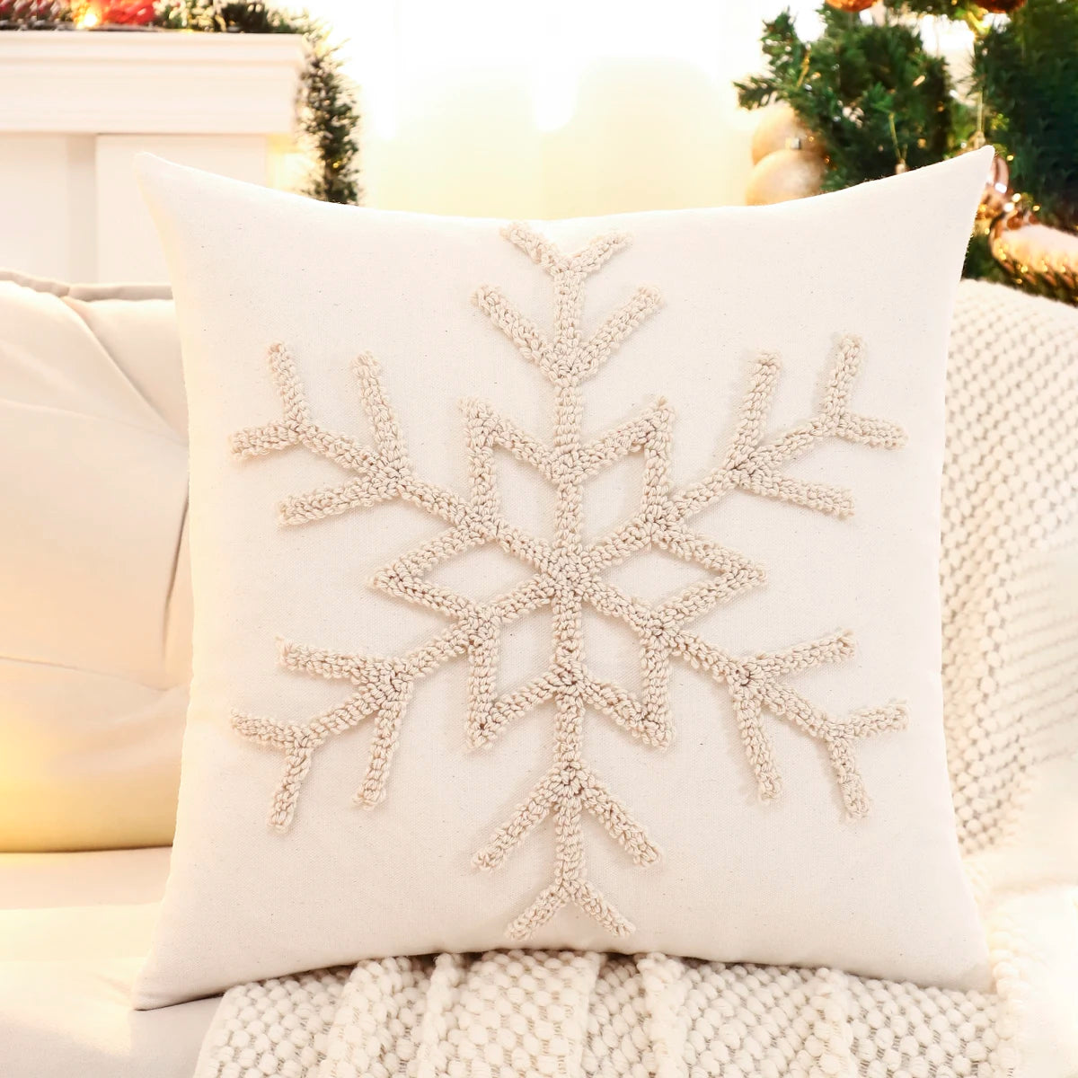 Tufted Snowflake and Reindeer Pillow Cover | Embroidered, Cover Only | 18x18 in
