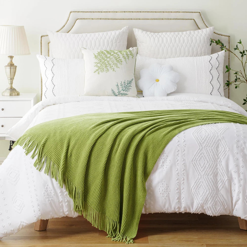 Green Chenille Knit Throw | Tasseled Edges | 50x60 or 60x80 in