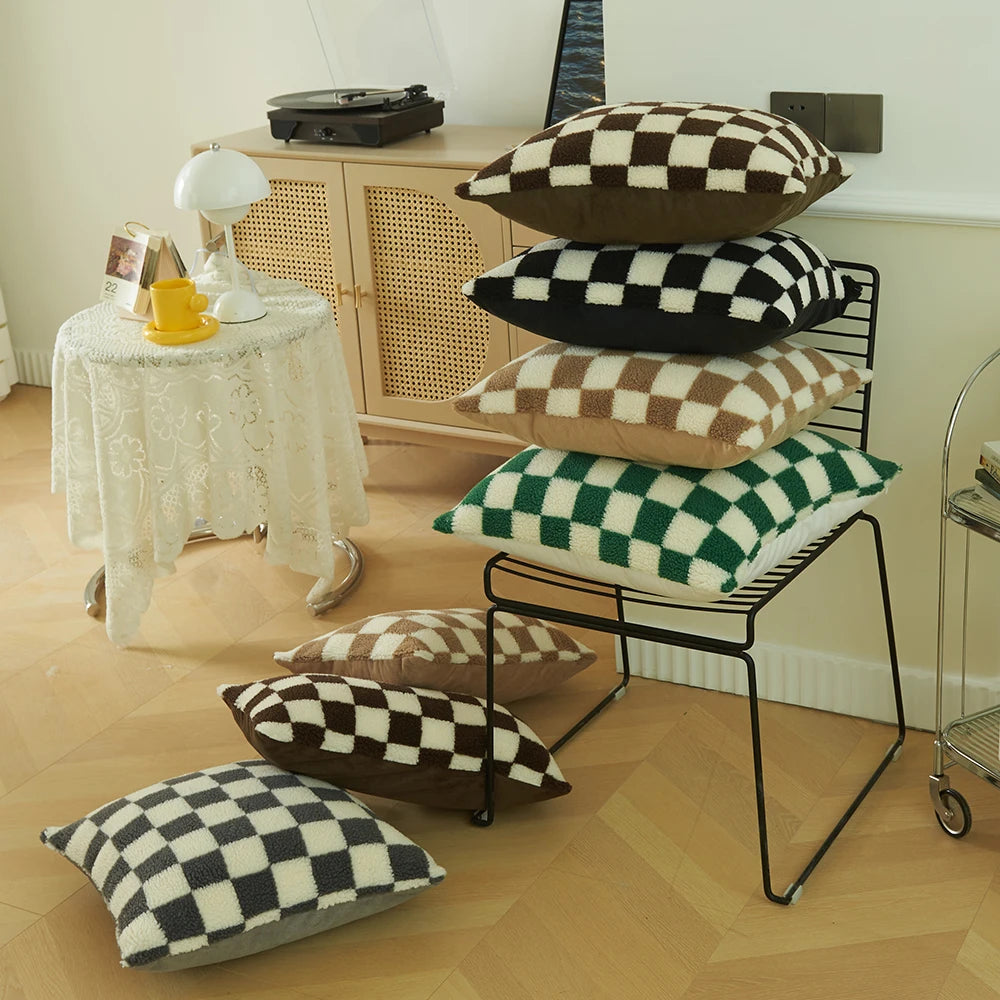 Checkered Fleece Pillow Covers, Set of 2 | Short Plush, Cover Only