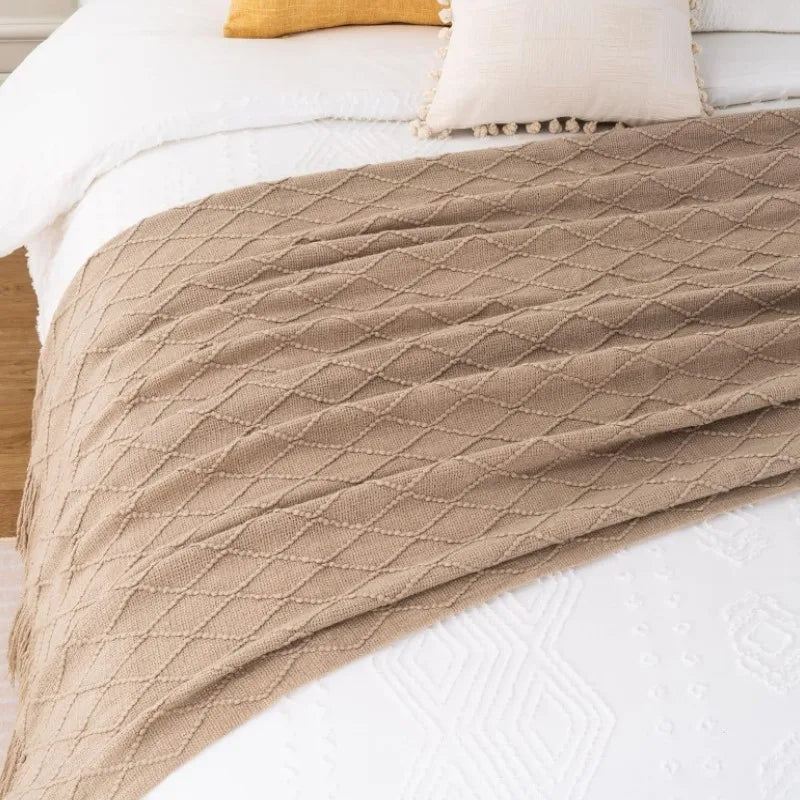Nordic Knit Throw Blanket with Tassels | Khaki, Cream and Grey