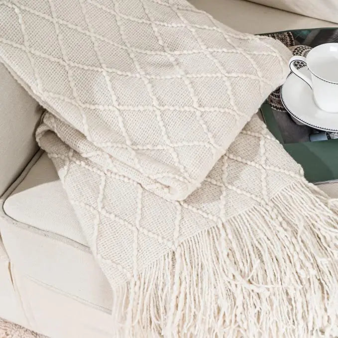 Nordic Knit Throw Blanket with Tassels | Khaki, Cream and Grey