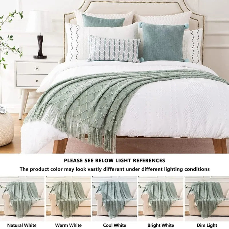 Nordic Knit Throw Blanket with Tassels | Khaki, Cream and Grey