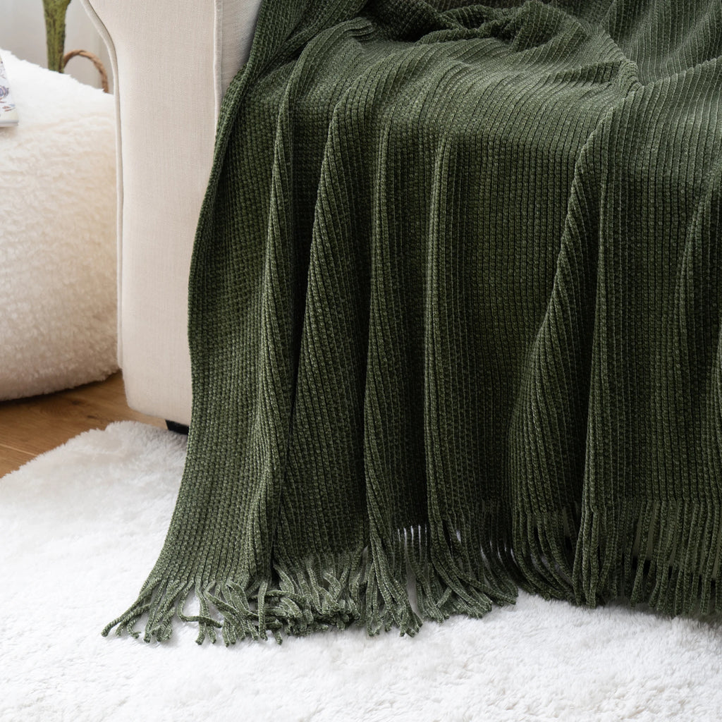 Green Chenille Knit Throw | Tasseled Edges | 50x60 or 60x80 in