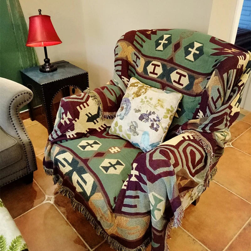 Retro Plaid Woven Throw | Cotton-Linen Blend | 35x35 to 51x71 in