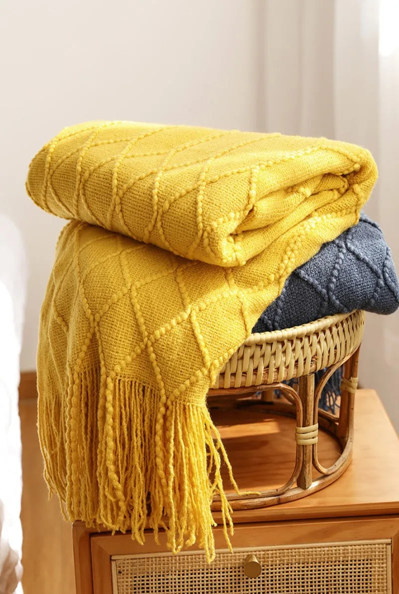 Nordic Knit Throw Blanket with Tassels | Khaki, Cream and Grey
