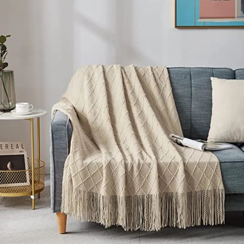 Nordic Knit Throw Blanket with Tassels | Khaki, Cream and Grey