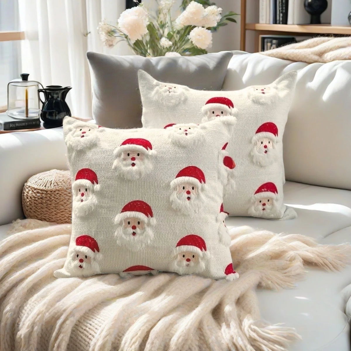 Knit Christmas Pillow Cover | Tree and Santa Designs, Cover Only | 18x18 in