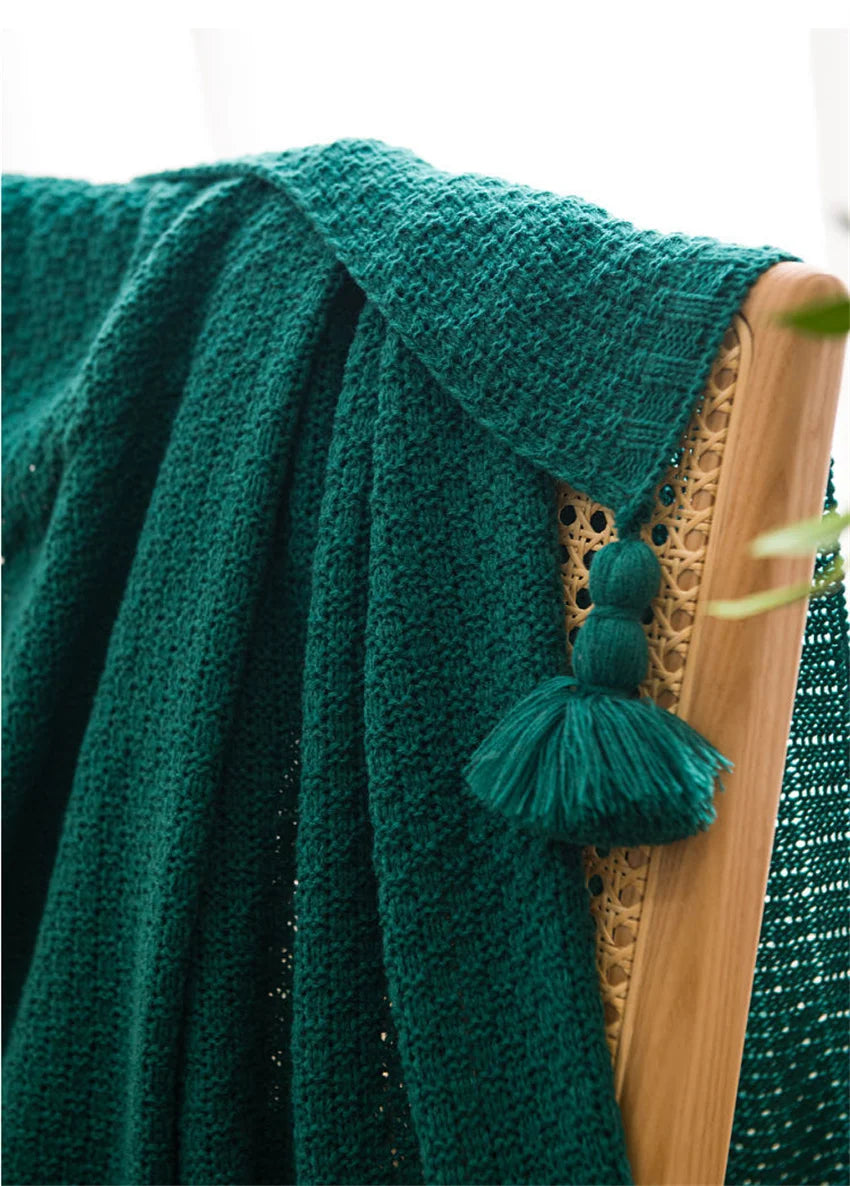 Waffle-Knit Throw Blanket with Tassels | Embossed Chunky Texture