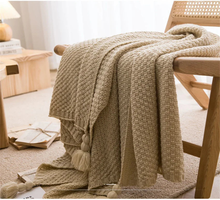 Waffle-Knit Throw Blanket with Tassels | Embossed Chunky Texture
