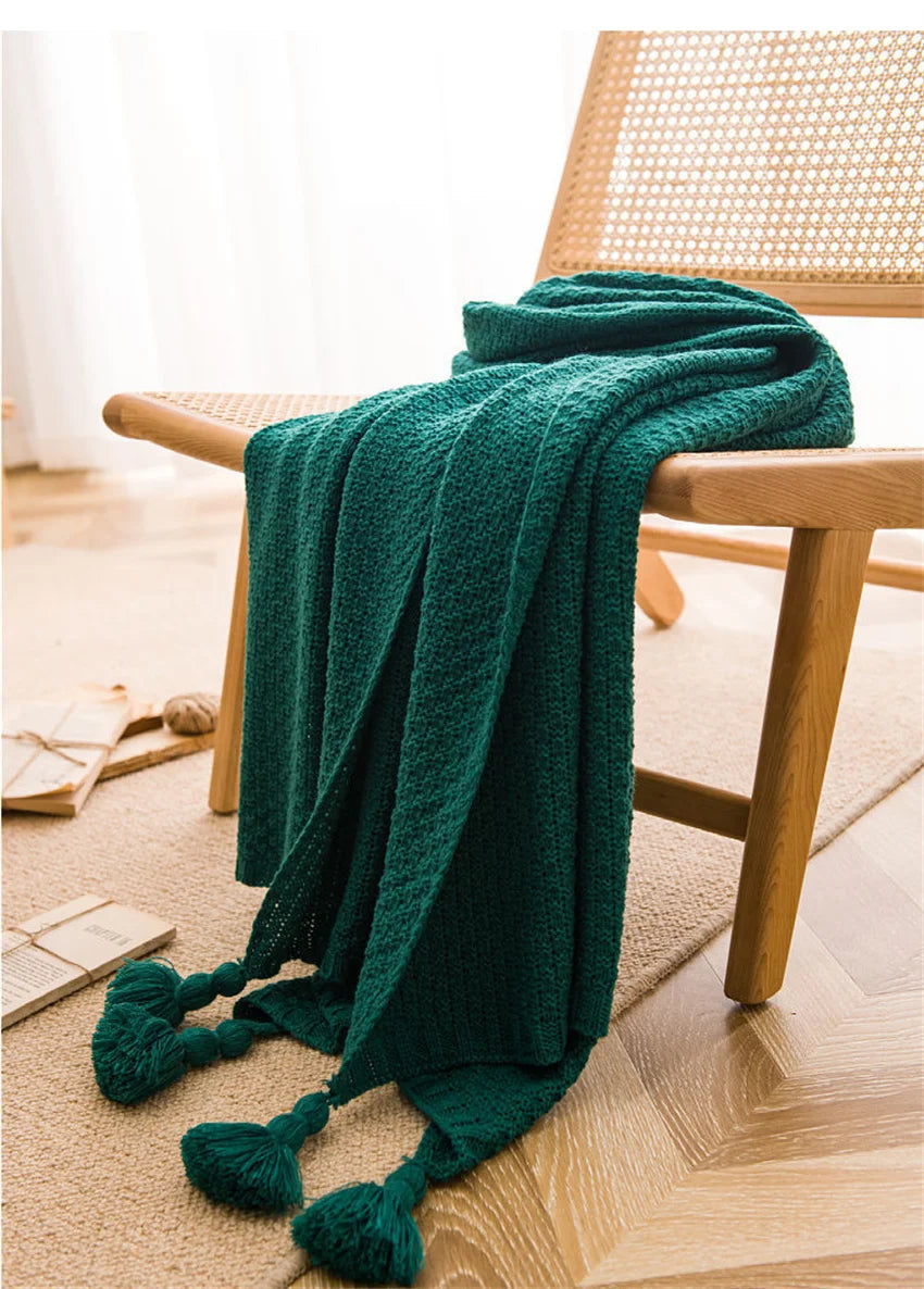 Waffle-Knit Throw Blanket with Tassels | Embossed Chunky Texture