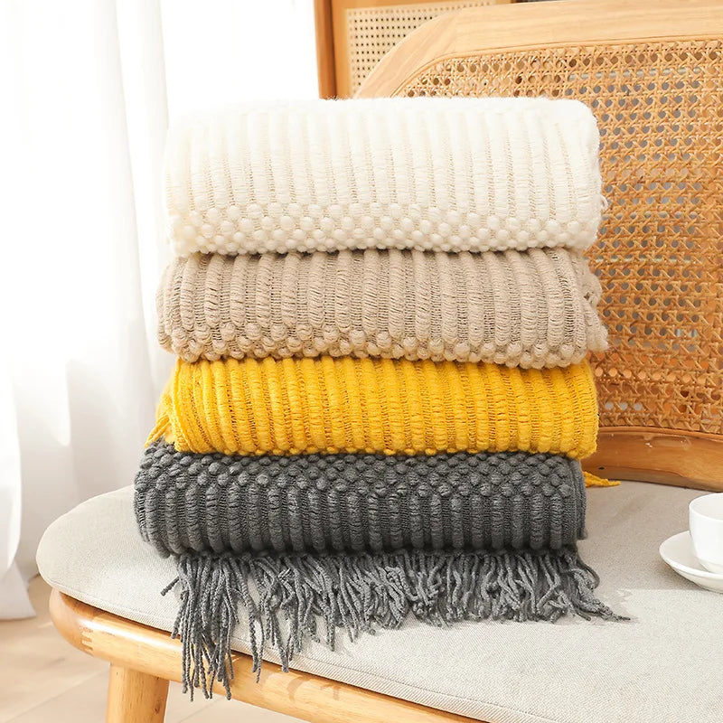 Nordic Knit Throw Blanket with Tassels | Khaki, Cream and Grey
