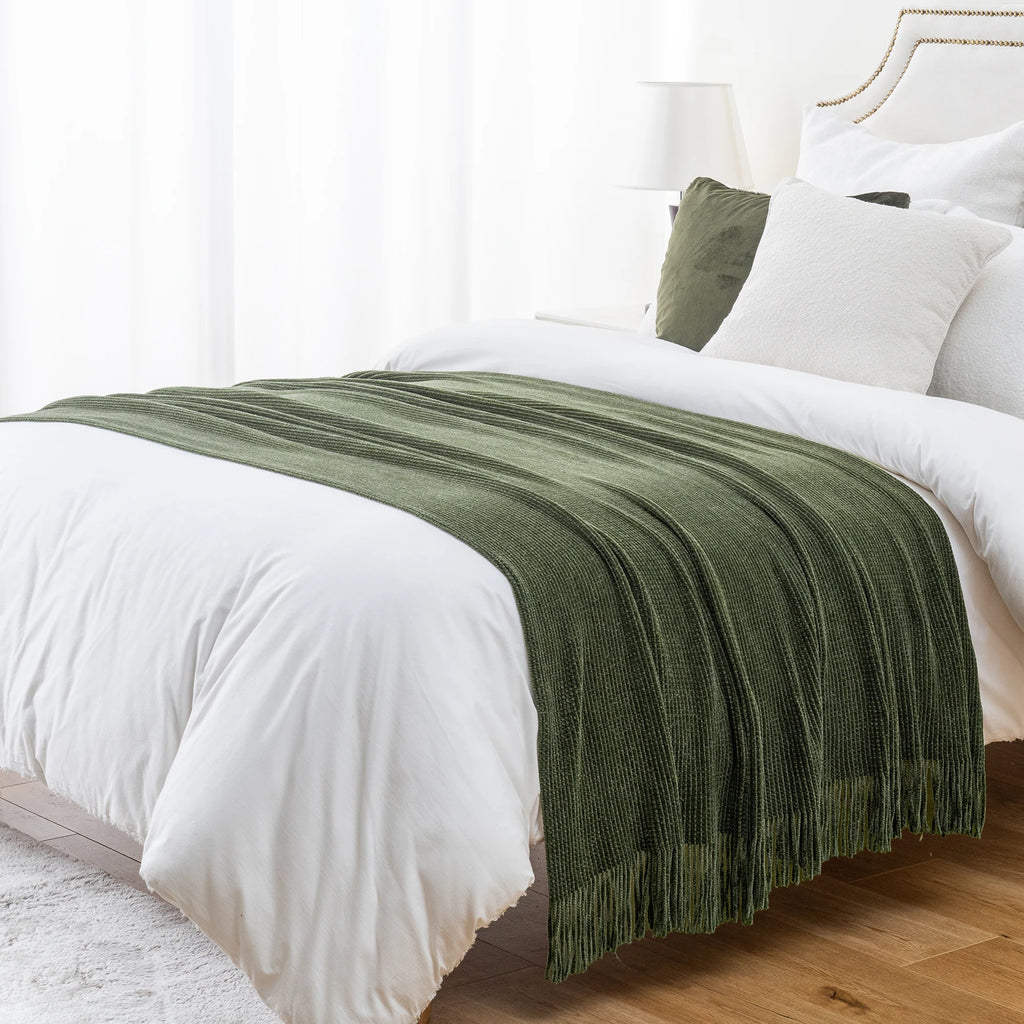 Green Chenille Knit Throw | Tasseled Edges | 50x60 or 60x80 in