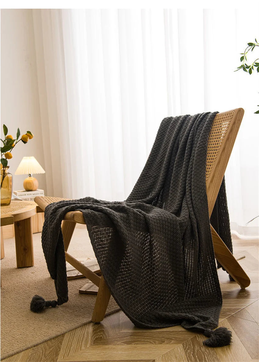Waffle-Knit Throw Blanket with Tassels | Embossed Chunky Texture