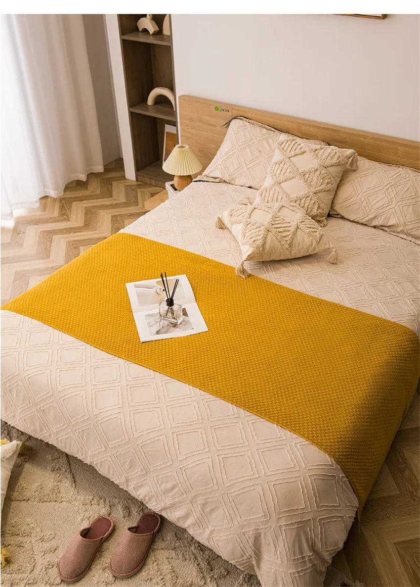 Waffle-Knit Throw Blanket with Tassels | Embossed Chunky Texture